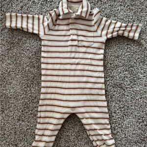Striped Cream and Brown Ribbed Baby One-Piece with Collar